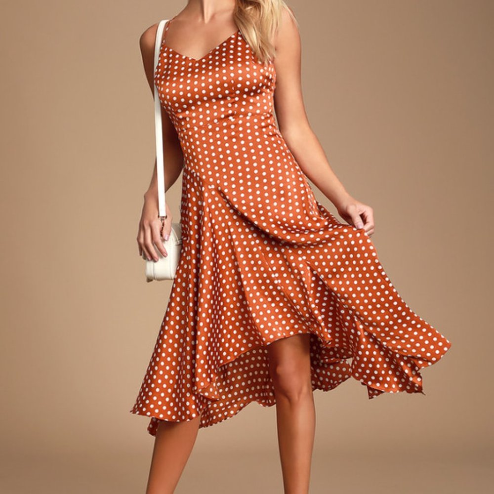 LULUS Bellamy Rust Brown Polka Dot Backless Handkerchief Dress - Picture 3 of 3